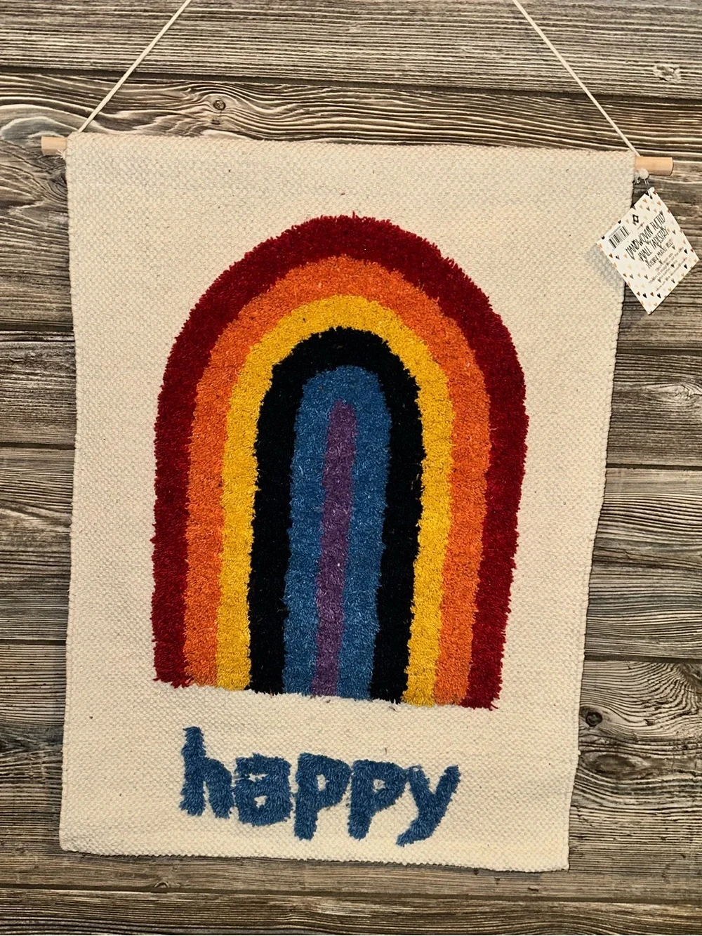 Handwoven Tufted Happy Rainbow Wall Hanging - Multicolor Cotton Tapestry Decor